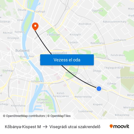 Kőbánya-Kispest M to Visegrádi utcai szakrendelő map