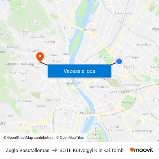 Zugló Vasútállomás to SOTE Kútvölgyi Klinikai Tömb map