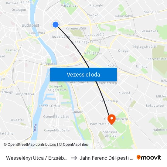 Wesselényi Utca / Erzsébet Körút to Jahn Ferenc Dél-pesti Kórház map