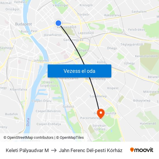 Keleti Pályaudvar M to Jahn Ferenc Dél-pesti Kórház map