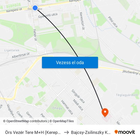 Örs Vezér Tere M+H (Kerepesi Út) to Bajcsy-Zsilinszky Kórház map