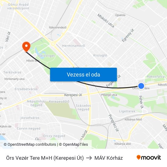 Örs Vezér Tere M+H (Kerepesi Út) to MÁV Kórház map