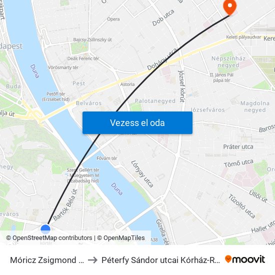 Móricz Zsigmond Körtér M to Péterfy Sándor utcai Kórház-Rendelőintézet map