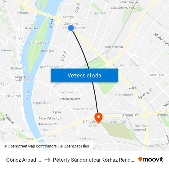 Göncz Árpád Városközpont to Péterfy Sándor utcai Kórház Rendelőintézet és Baleseti Központ map