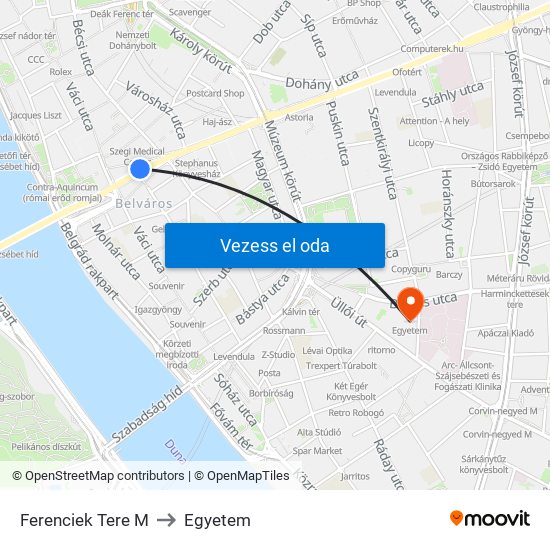 Ferenciek Tere M to Egyetem map
