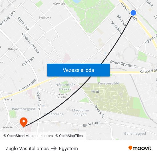 Zugló Vasútállomás to Egyetem map