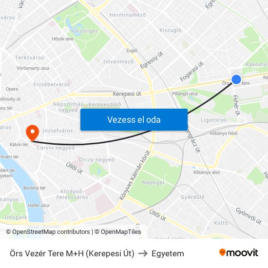 Örs Vezér Tere M+H (Kerepesi Út) to Egyetem map