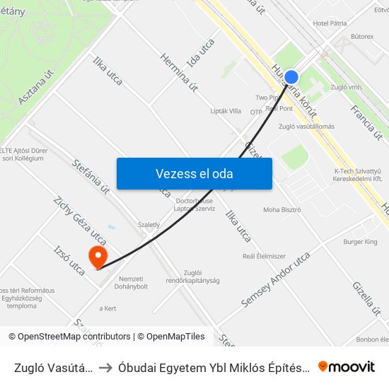 Zugló Vasútállomás to Óbudai Egyetem Ybl Miklós Építéstudományi Kar map