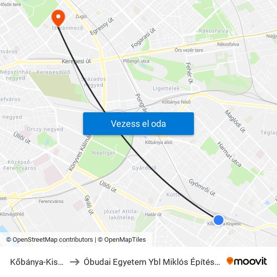 Kőbánya-Kispest M to Óbudai Egyetem Ybl Miklós Építéstudományi Kar map