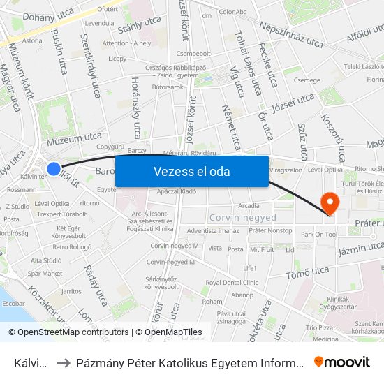 Kálvin Tér M to Pázmány Péter Katolikus Egyetem Információs Technológiai És Bionikai Kar map