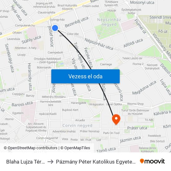 Blaha Lujza Tér M (Népszínház Utca) to Pázmány Péter Katolikus Egyetem Információs Technológiai És Bionikai Kar map