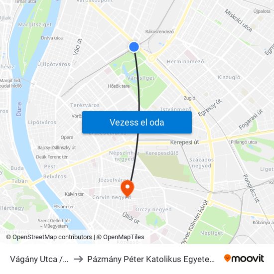 Vágány Utca / Róbert Károly Körút to Pázmány Péter Katolikus Egyetem Információs Technológiai És Bionikai Kar map