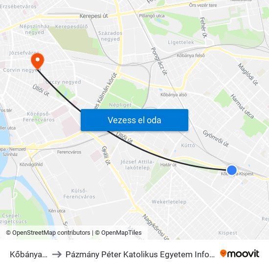 Kőbánya-Kispest M to Pázmány Péter Katolikus Egyetem Információs Technológiai És Bionikai Kar map