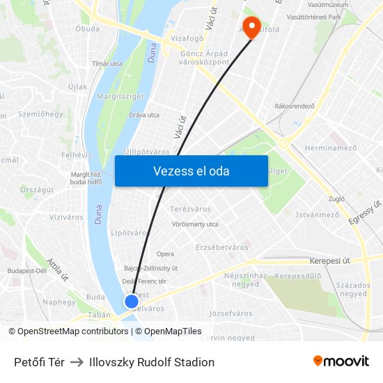 Petőfi Tér to Illovszky Rudolf Stadion map