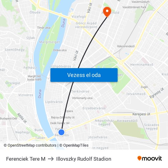 Ferenciek Tere M to Illovszky Rudolf Stadion map