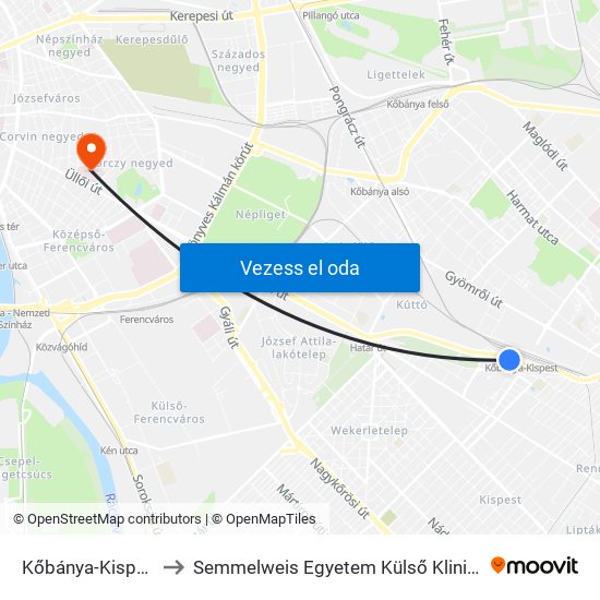 Kőbánya-Kispest M to Semmelweis Egyetem Külső Klinikai Tömb map