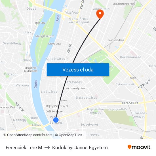 Ferenciek Tere M to Kodolányi János Egyetem map