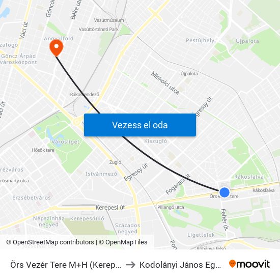 Örs Vezér Tere M+H (Kerepesi Út) to Kodolányi János Egyetem map