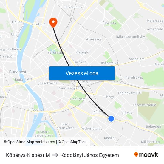 Kőbánya-Kispest M to Kodolányi János Egyetem map