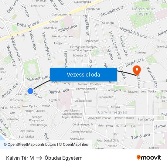 Kálvin Tér M to Óbudai Egyetem map