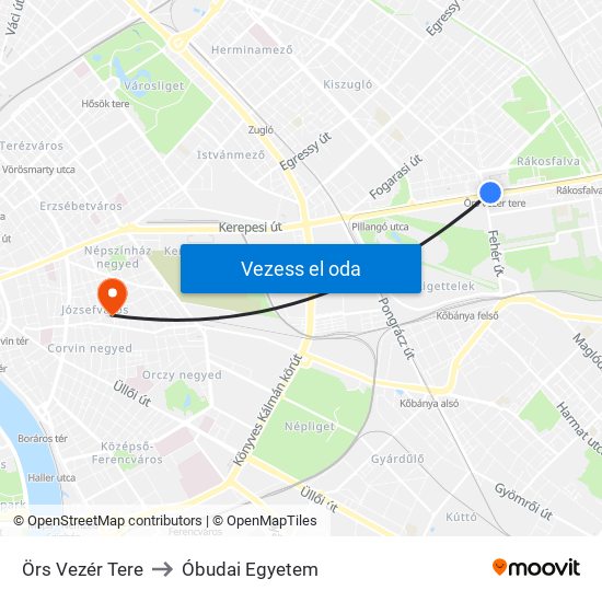 Örs Vezér Tere to Óbudai Egyetem map