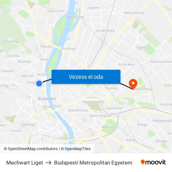 Mechwart Liget to Budapesti Metropolitan Egyetem map