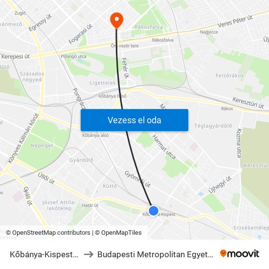 Kőbánya-Kispest M to Budapesti Metropolitan Egyetem map