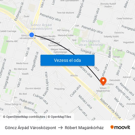 Göncz Árpád Városközpont to Róbert Magánkórház map