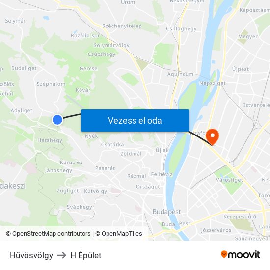 Hűvösvölgy to H Épület map