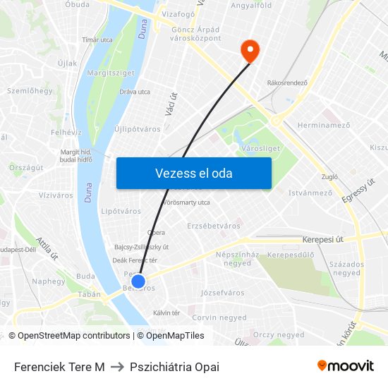 Ferenciek Tere M to Pszichiátria Opai map