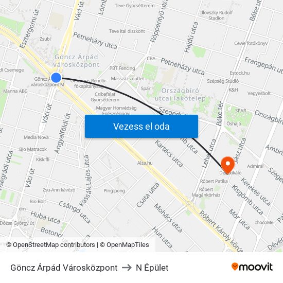 Göncz Árpád Városközpont to N Épület map