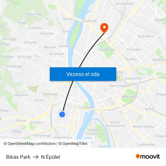Bikás Park to N Épület map