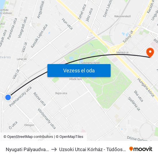 Nyugati Pályaudvar M to Uzsoki Utcai Kórház - Tüdőosztály map