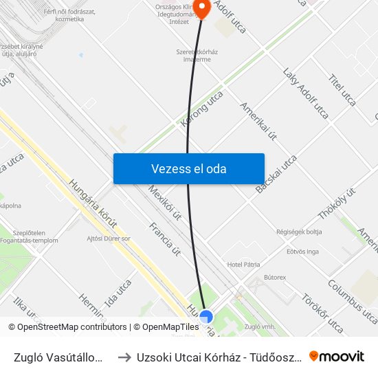 Zugló Vasútállomás to Uzsoki Utcai Kórház - Tüdőosztály map