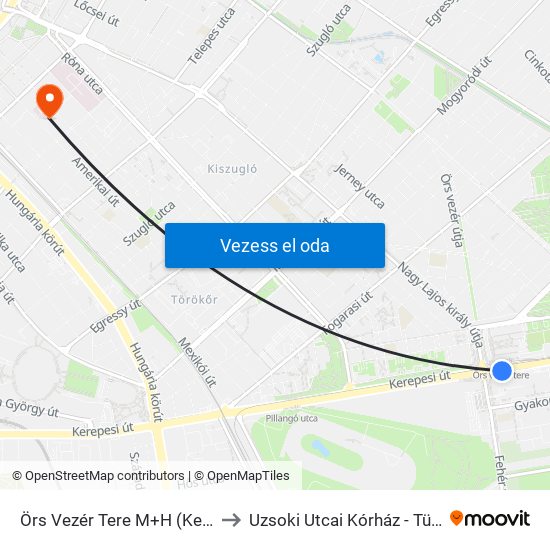 Örs Vezér Tere M+H (Kerepesi Út) to Uzsoki Utcai Kórház - Tüdőosztály map