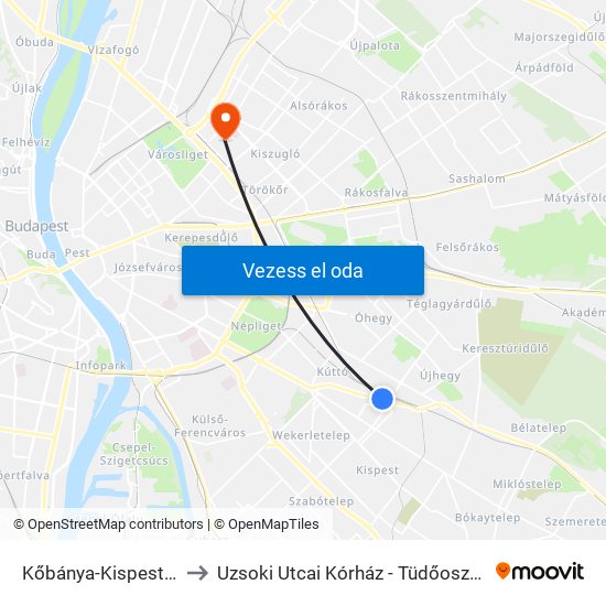Kőbánya-Kispest M to Uzsoki Utcai Kórház - Tüdőosztály map