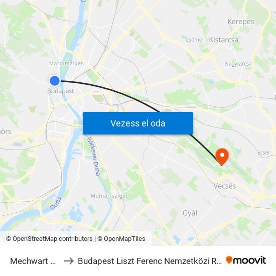 Mechwart Liget to Budapest Liszt Ferenc Nemzetközi Repülőtér map