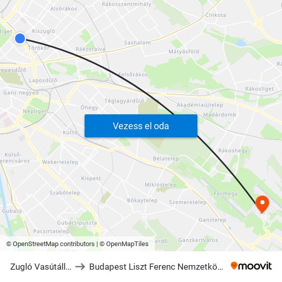 Zugló Vasútállomás to Budapest Liszt Ferenc Nemzetközi Repülőtér map