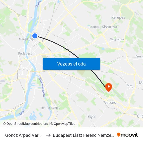 Göncz Árpád Városközpont to Budapest Liszt Ferenc Nemzetközi Repülőtér map