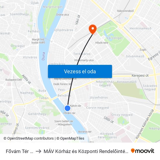 Fővám Tér M to MÁV Kórház és Központi Rendelőintézet map