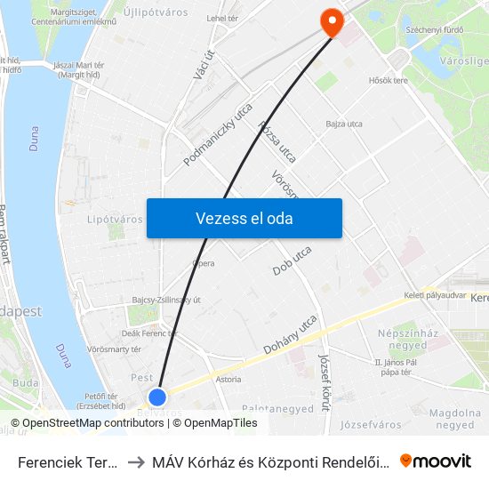 Ferenciek Tere M to MÁV Kórház és Központi Rendelőintézet map