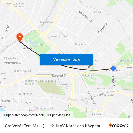 Örs Vezér Tere M+H (Kerepesi Út) to MÁV Kórház és Központi Rendelőintézet map