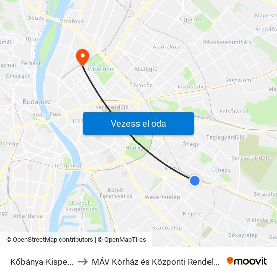 Kőbánya-Kispest M to MÁV Kórház és Központi Rendelőintézet map