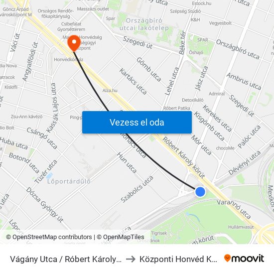 Vágány Utca / Róbert Károly Körút to Központi Honvéd Kórház map