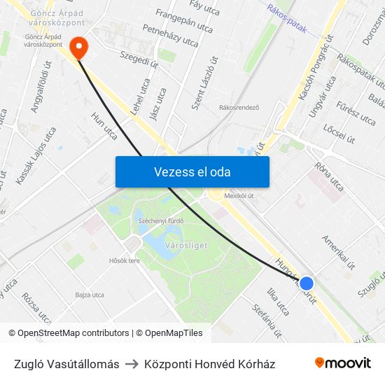 Zugló Vasútállomás to Központi Honvéd Kórház map