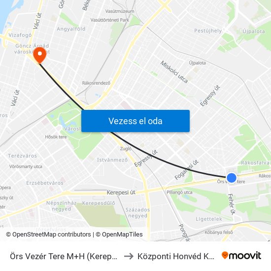 Örs Vezér Tere M+H (Kerepesi Út) to Központi Honvéd Kórház map