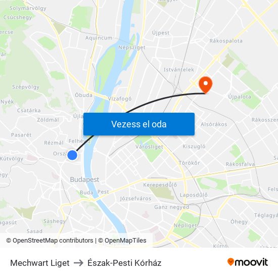 Mechwart Liget to Észak-Pesti Kórház map