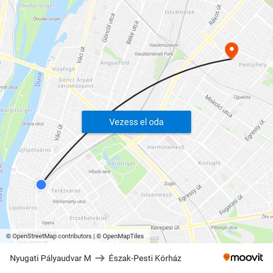 Nyugati Pályaudvar M to Észak-Pesti Kórház map