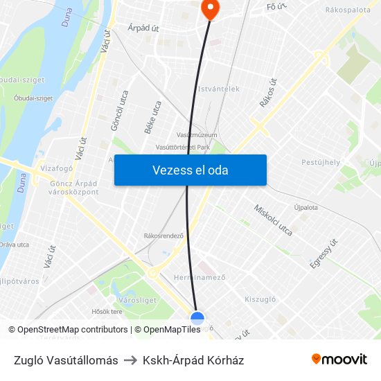 Zugló Vasútállomás to Kskh-Árpád Kórház map