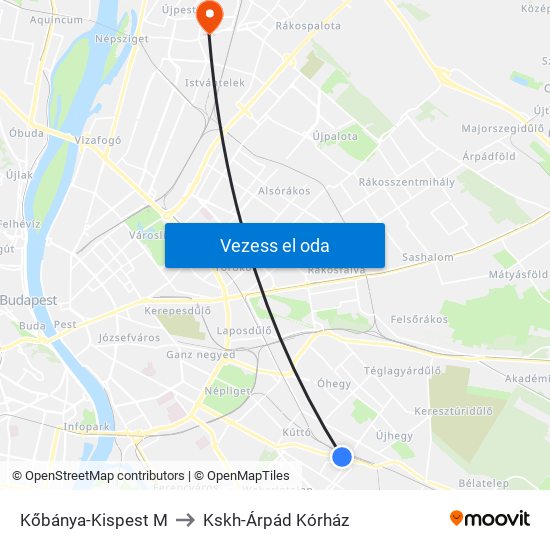 Kőbánya-Kispest M to Kskh-Árpád Kórház map